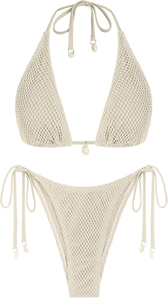 ZAFUL Women's Triangle Bikini Multiway Fishnet Tie Side Bandeau Halter String Bikini Set Two Piec... | Amazon (US)