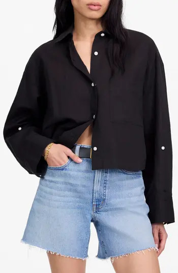 Madewell Straight Hem Crop Linen & Cotton Button-Up Shirt in Jet Black at Nordstrom Rack, Size Medium | Nordstrom Rack
