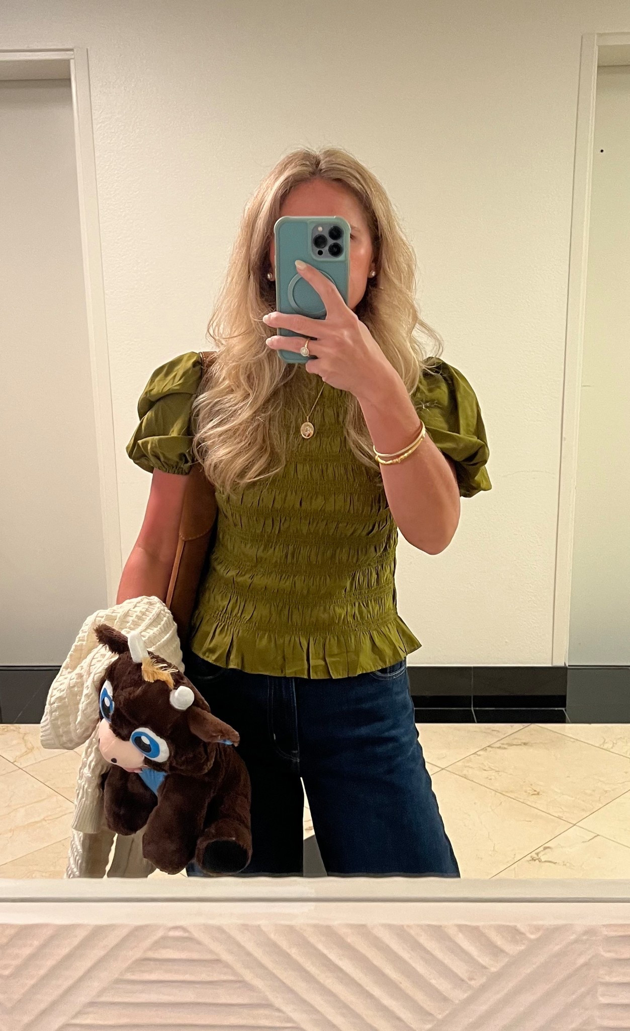 Smocked blouse wide leg jeans mom style thanksgiving outfit dinner look good bangles 

#LTKmomlife #LTKSaleAlert #LTKFindsUnder50