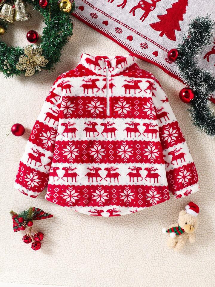 Young Girl Knitted Fleece Stand Collar Half-Zip Casual Sweatshirt | SHEIN