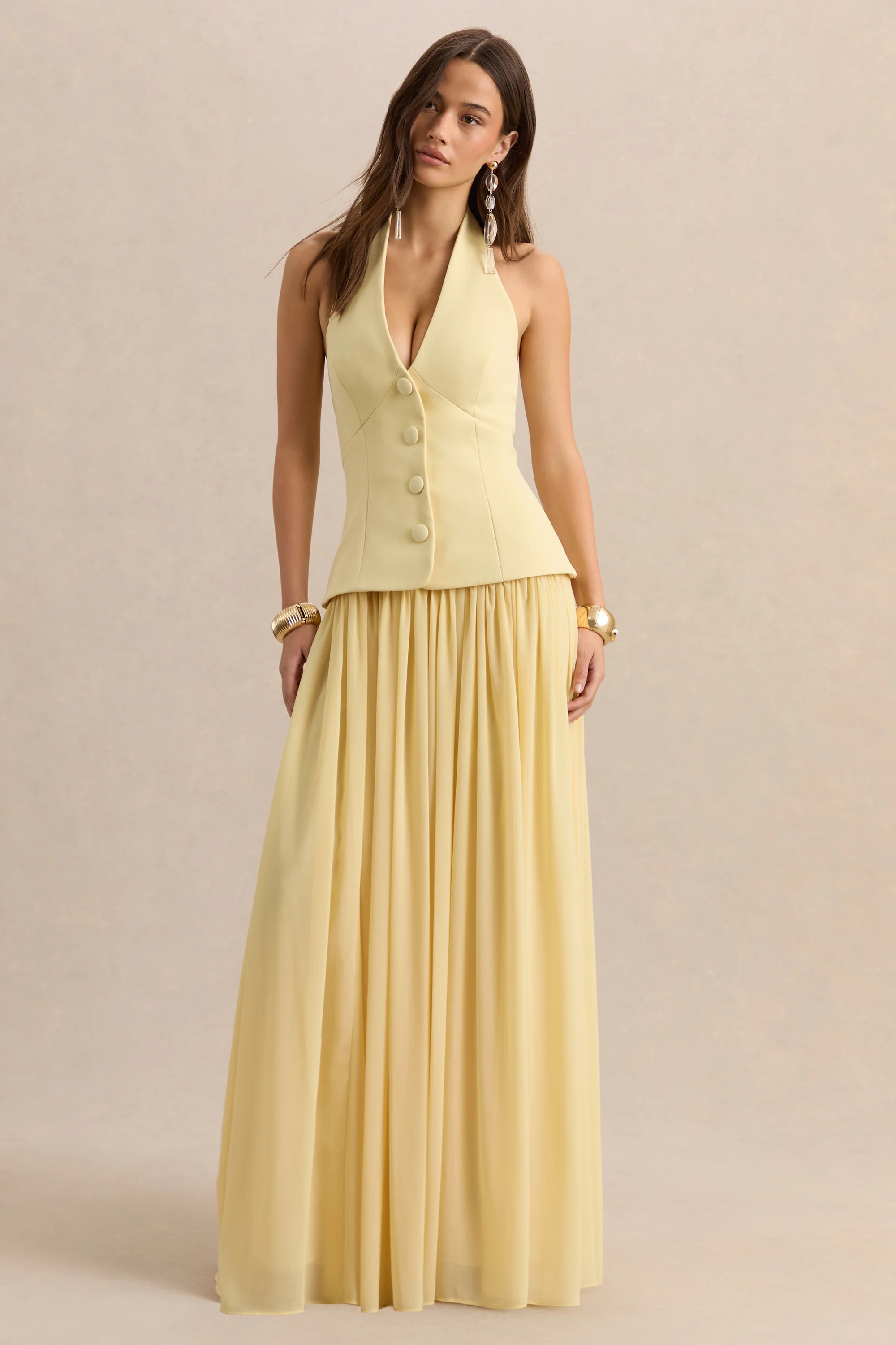 Zarina | Lemon Plunge-Neck Maxi Dress | Club L London