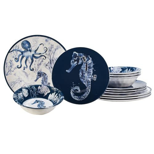 Sea Life Melamine 12 Piece Dinnerware Set – Service for 4 Coastal Themed Plates and Bowls with Ocean Art, Reusable Nautical Dinnerware for Indoor/Outdoor Dining, Dishwasher Safe, Break-Resistant | Amazon (US)