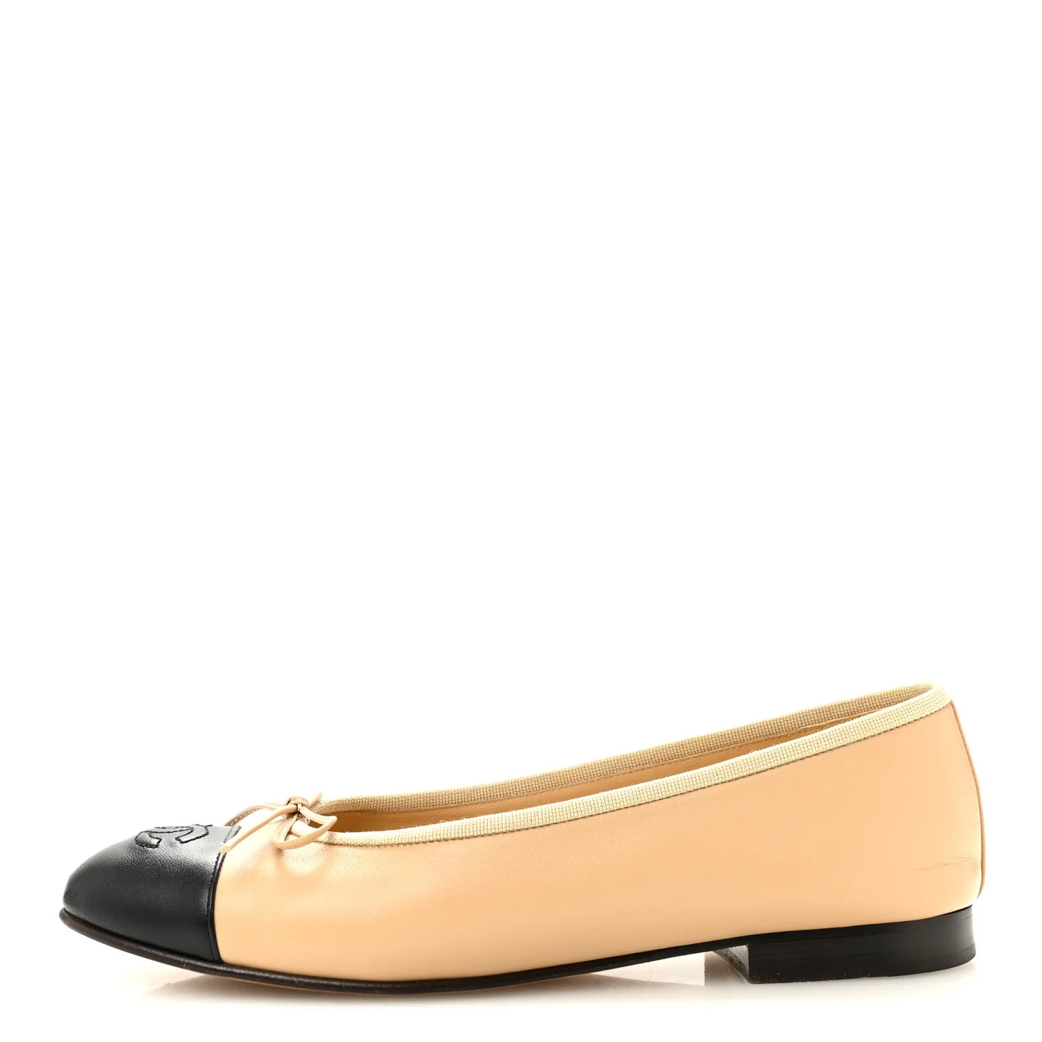 Lambskin Cap Toe CC Ballerina Flats 37.5 Beige Black | FASHIONPHILE (US)