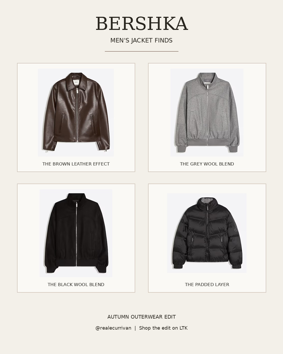 Bershka men's jacket finds for autumn. Brown leather-effect, grey and black wool-blend bombers, plus a padded layer for colder days—four easy additions to your everyday wardrobe. Style with a plain tee and denim, or knitwear and tailored trousers.

Tap the exact items below to shop this edit. UK stock checked before posting; size availability can change.

Mens jackets | Bershka finds | autumn outerwear | neutral menswear | bomber jackets 

 #LTKuk #LTKautumn #LTKmens