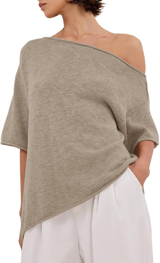 Womens Off The Shoulder Knit Tops Summer Short Sleeve Roll Hem Asymmetrical Linen T Shirts 2026 | Amazon (US)