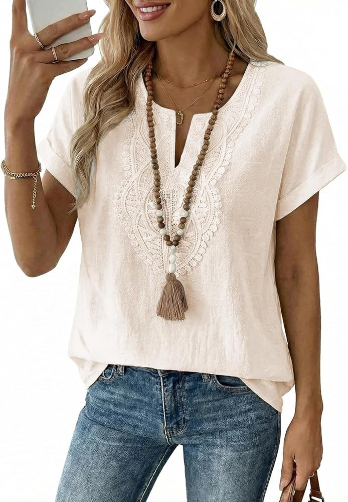 EVALESS Womens Tops Summer Trendy Dressy Casual Boho V Neck Short Sleeve Shirts Work Business Cut... | Amazon (US)