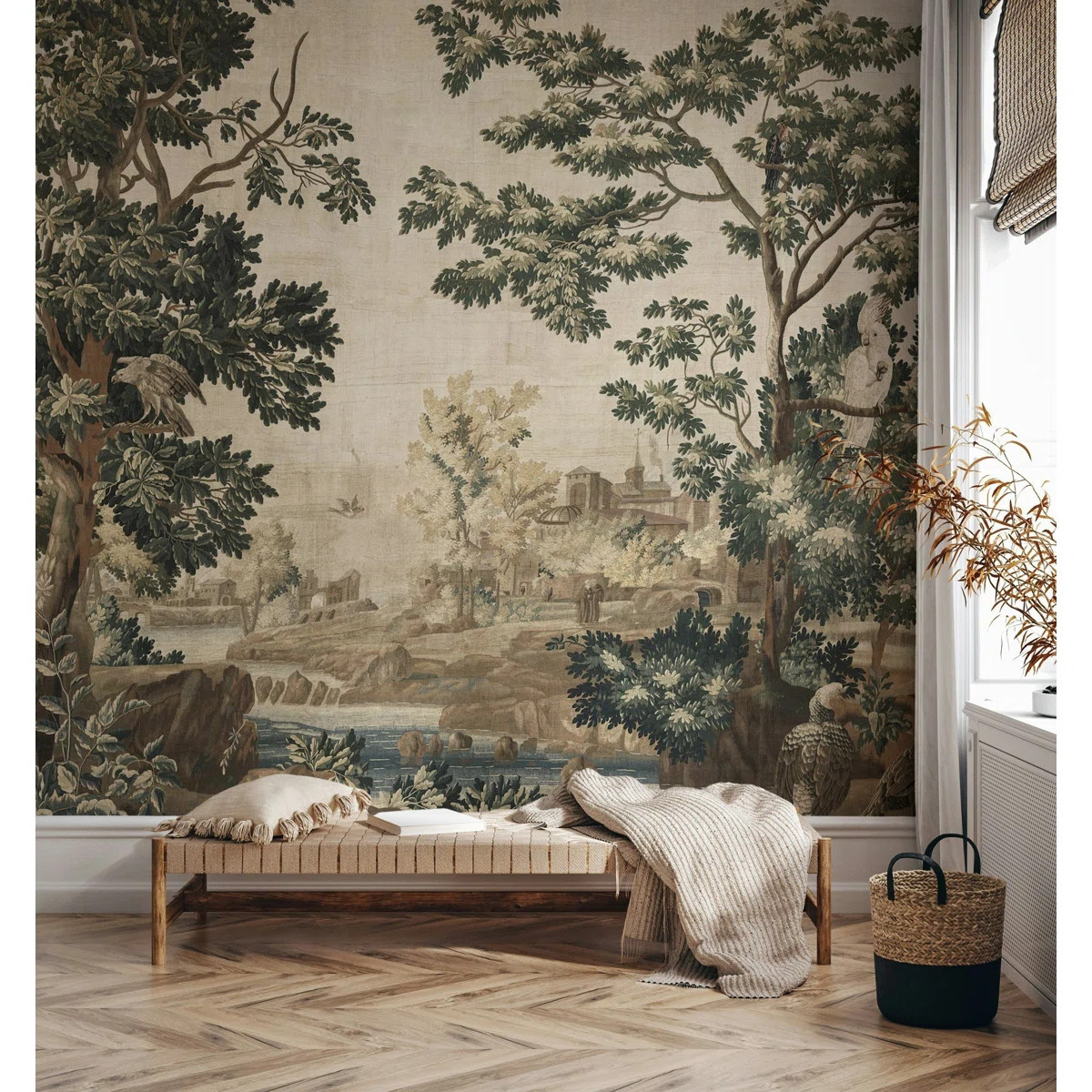 Vintage Landscape Wallpaper Trees, Birds and Serene Outdoor Scene Wall Mural | Wayfair North America