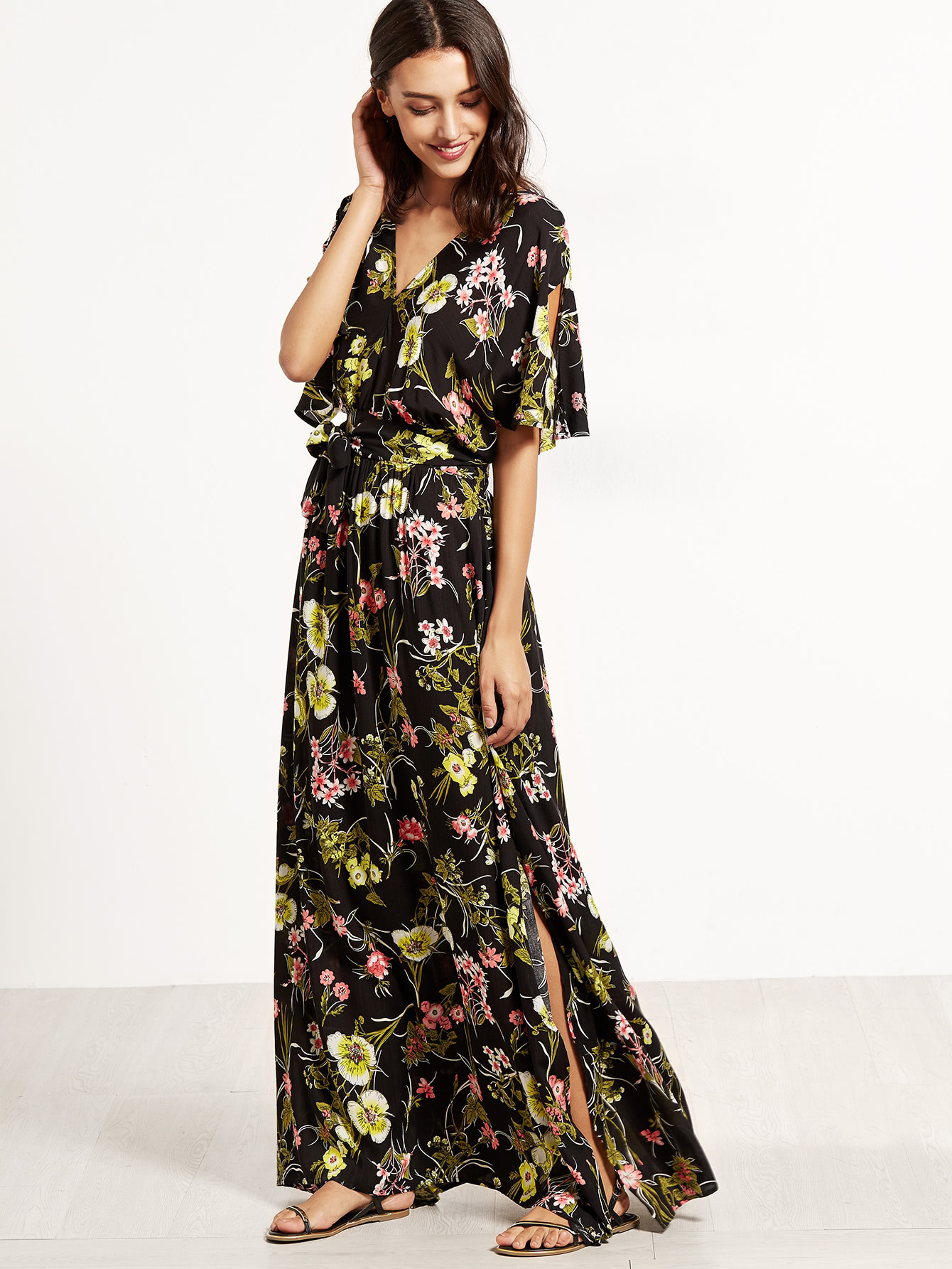 Floral Print Split V Neck Wrap Maxi Dress | SHEIN