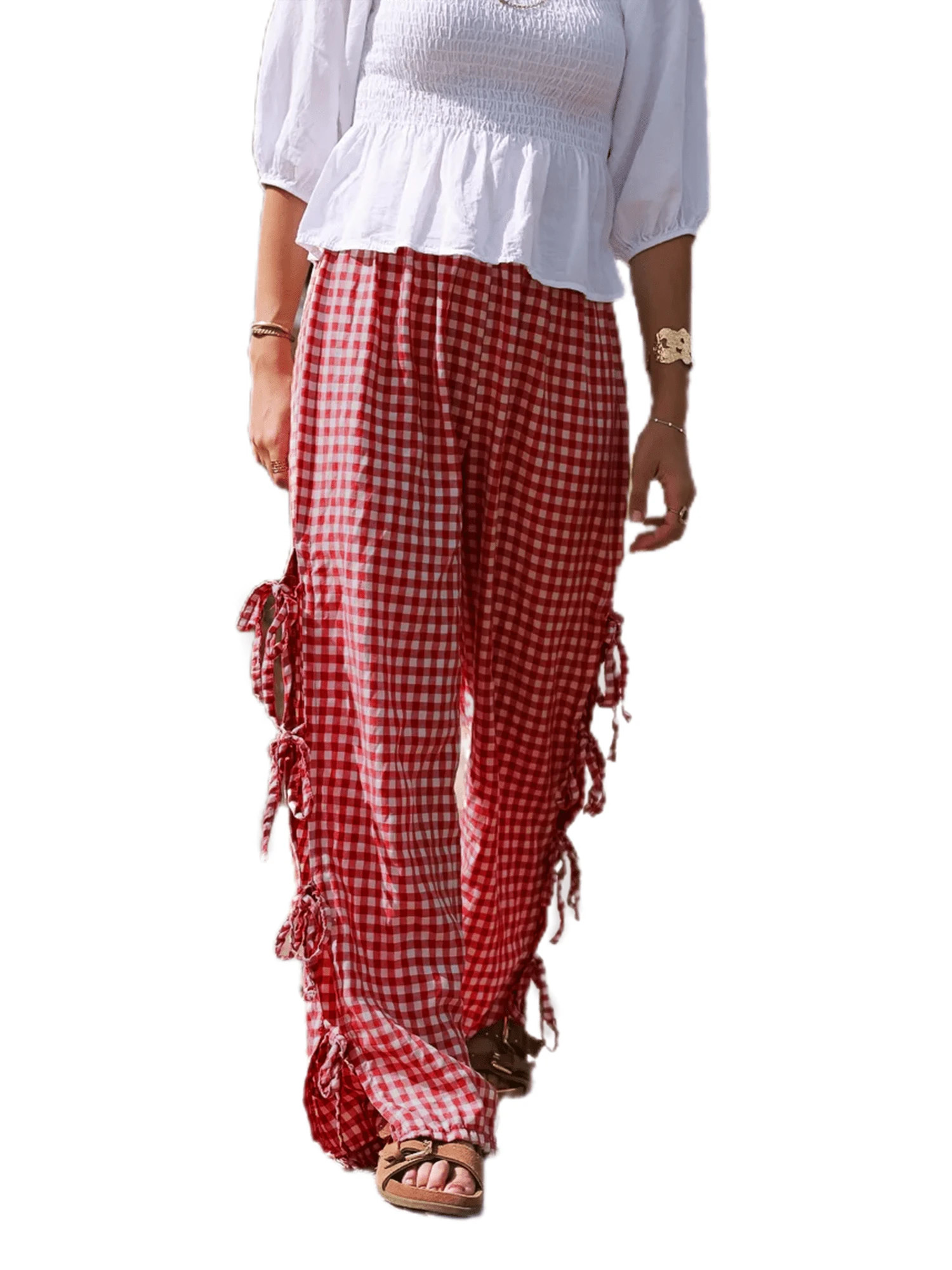 Y2K Gingham Pants For Women Bow Tie Side Slit Wide Leg Lounge Bottom Plaid Checkered Loose Fit Go... | SHEIN