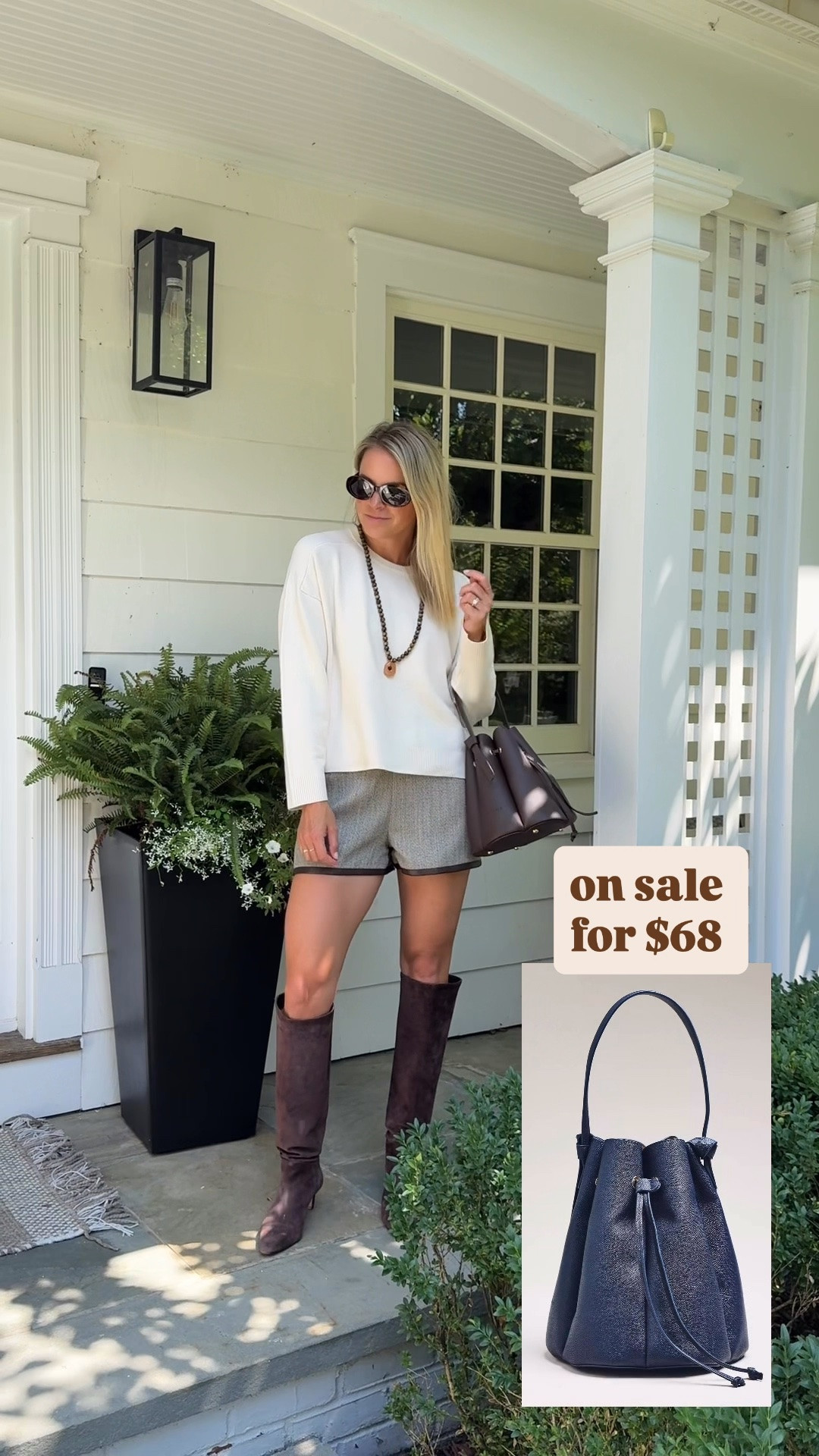 Fall bucket bag now on sale for $68 and comes in 10 colors
•small sweater + shorts

#LTKSaleAlert