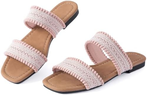 Women Flat Sandals Braided Double Strap Ladies Summer Dressy Casual Vacation Bohemian Cute Leathe... | Amazon (US)