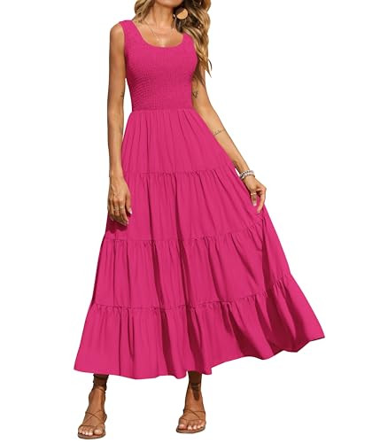 PRETTYGARDEN Sleeveless High Waisted Scoop Neck Sun Dresses for Women 2025 Vacation Summer Casual Smocked Dress Women (Rose Red, Large) | Amazon (US)