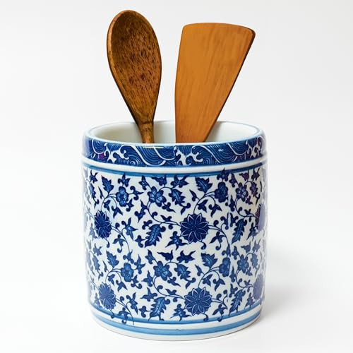 ZENSOAR Kitchen Utensil Holder for Kitchen Countertop, Cooking Utensils Holder, Large Utensil Crock, Ceramic Spatula Holder for Counter, Kitchen Tool Holder, Blue and White | Amazon (US)
