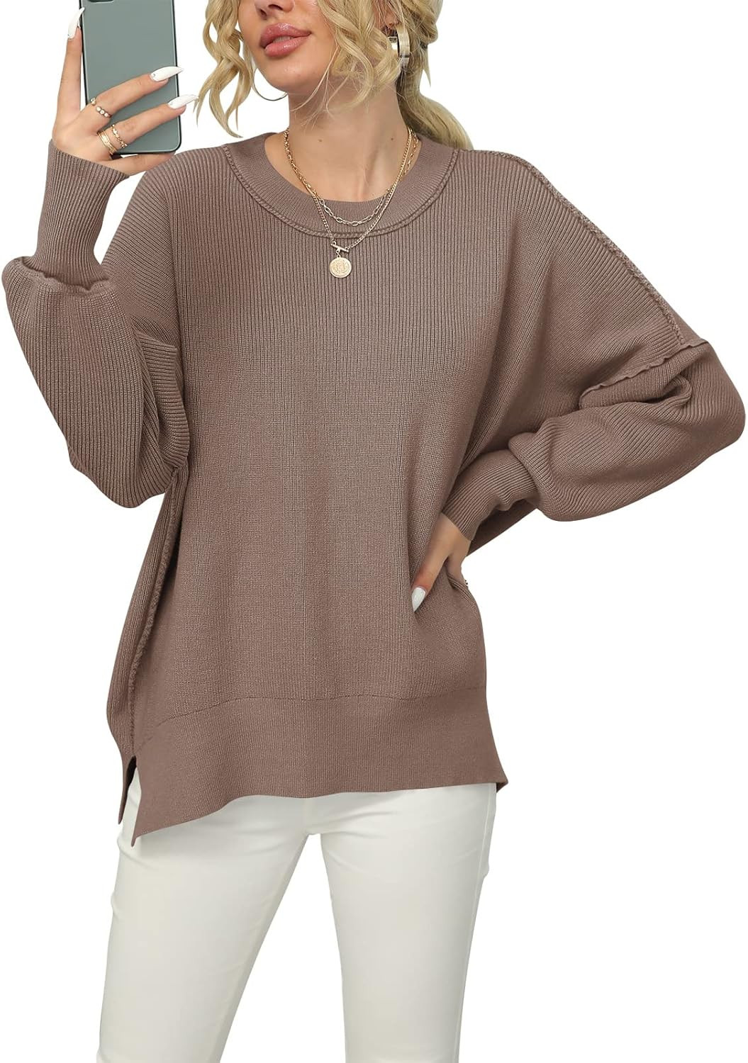 Prinbara Women Crewneck Batwing Sleeve Oversized Side Slit Ribbed Knit Pullover Sweater Top | Amazon (US)