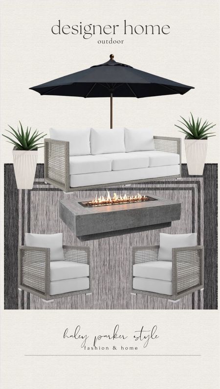 Designer home outdoor patio! 

Umbrella, fire pit, chair, rug, planter, home decor 

#LTKFindsUnder100 #LTKSaleAlert #LTKHome