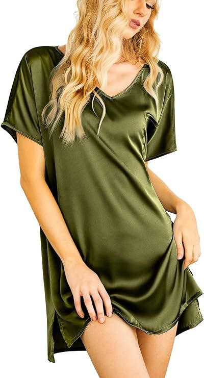 Ekouaer Women's Satin Nightgowns V Neck Side Split Sleepshirt Short Sleeves Sleepwear Chest Pocke... | Amazon (US)