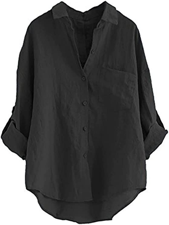 Minibee Women's Linen Blouse High Low Shirt Roll-Up Sleeve Tops | Amazon (US)