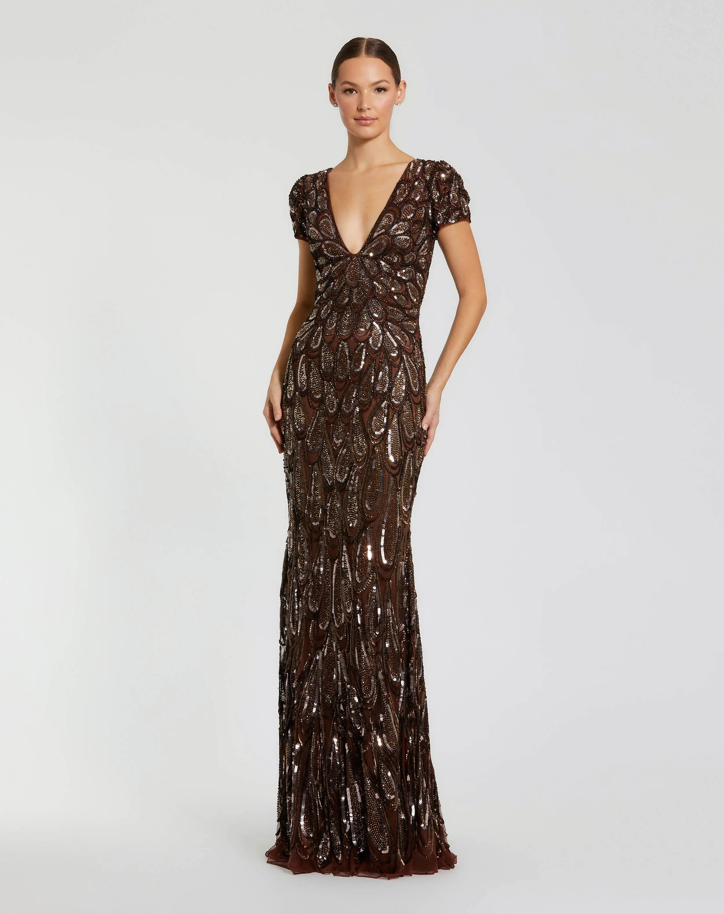 Beaded Embellished V Neck Cap Sleeve Column Gown | Mac Duggal | Mac Duggal