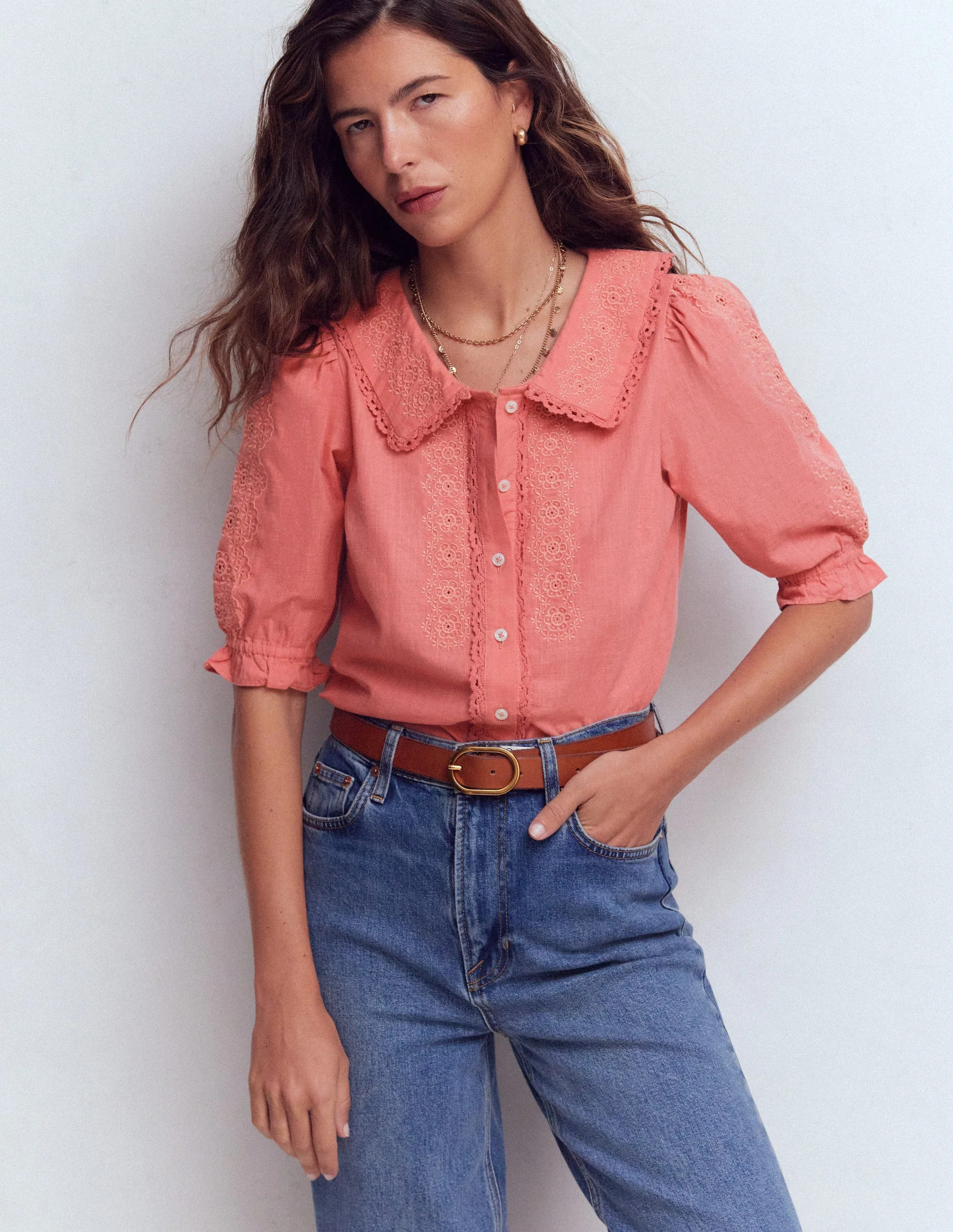 Short Sleeve Pretty Collar Top-Vintage Rose | Boden UK