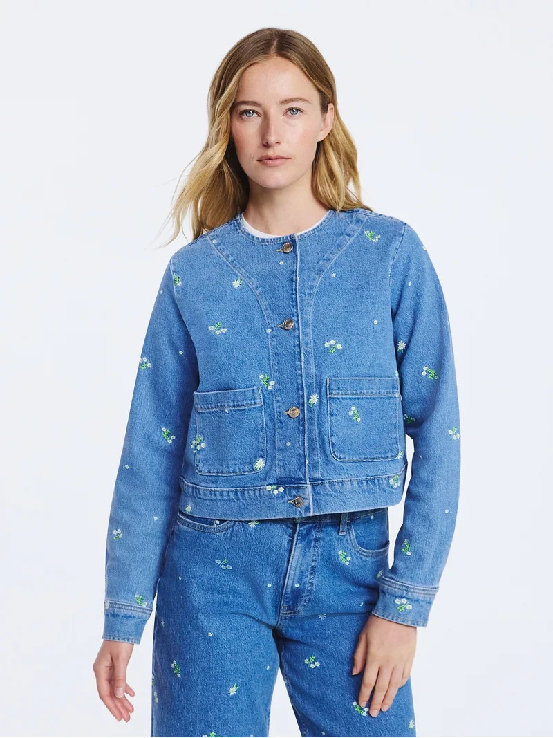 Free Assembly Women's Embroidered Cropped Denim Jacket, Sizes XS-XXL | Walmart (US)