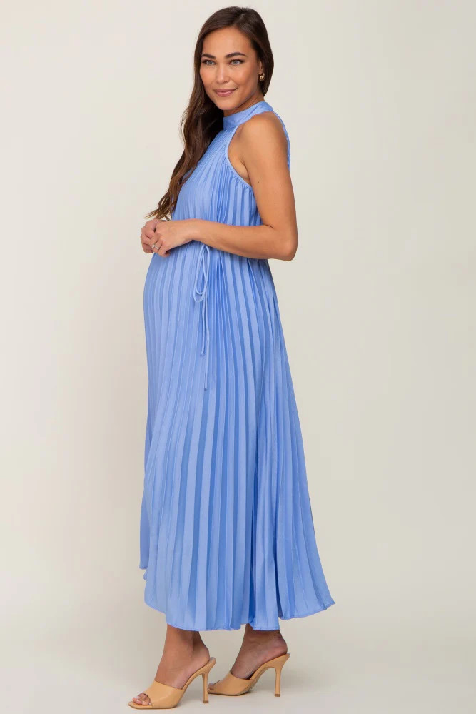 Light Blue Pleated Maternity Halter Dress | PinkBlush Maternity