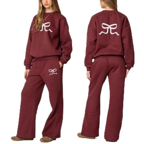 2 Piece Lounge Sets for Women Bow Graphic Print Hoodie Sweatpants Set Oversized Sweatshirt Wide Leg Sweatpants (A-Dark Red,Small) | Amazon (US)