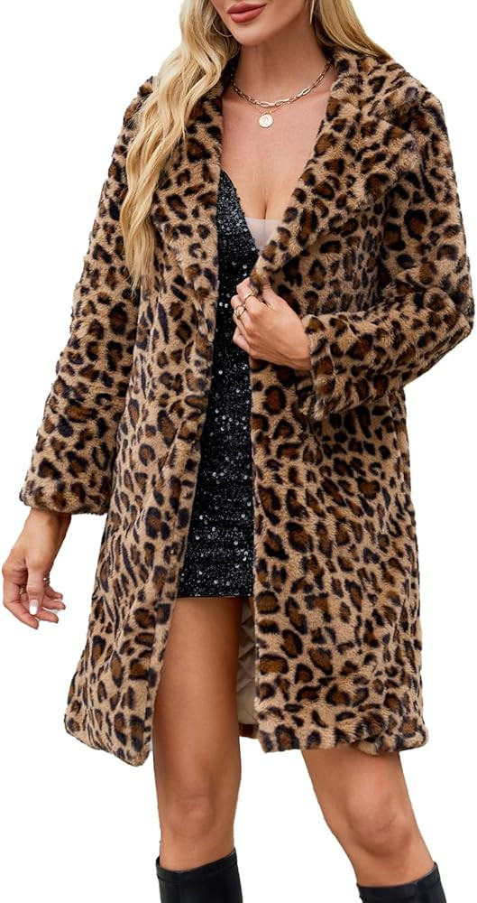 Womens Long Faux Fur Coats Lapel Faux fur Jacket Fluffy Coats Fuzzy Winter Jacket with Pockets | Amazon (US)