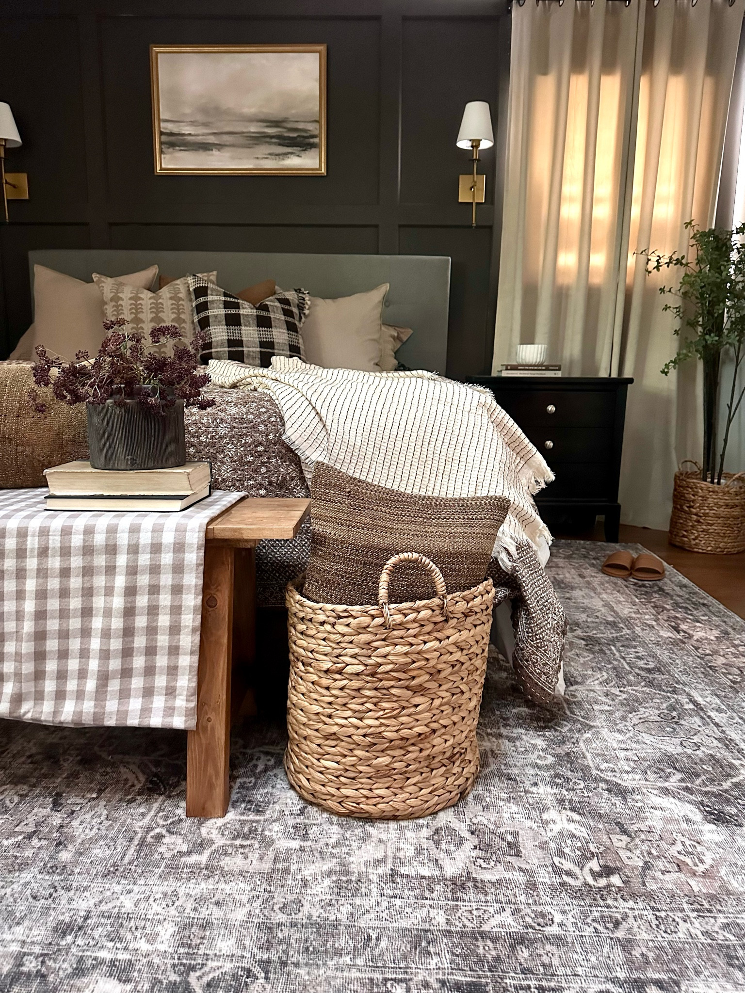 Bedroom ideas, bedroom decor, bedroom design, master bedroom, primary bedroom, guest bedroom, washable rug, bedding, basket, throw pillows, throw blanket, wall art. 
