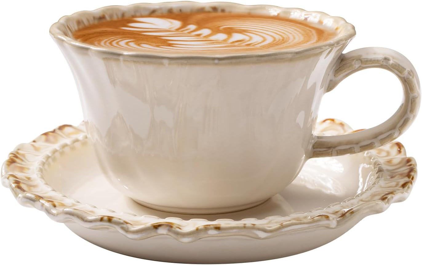 Vintage Porcelain Coffee Cup and Saucer Set, 12 OZ Ceramic Latte Mug - Farmhouse Cappuccino Cups for Espresso and Turkish Coffee, Artisan Tea Cups, Great Barista Gift for Home Cafe | Amazon (US)
