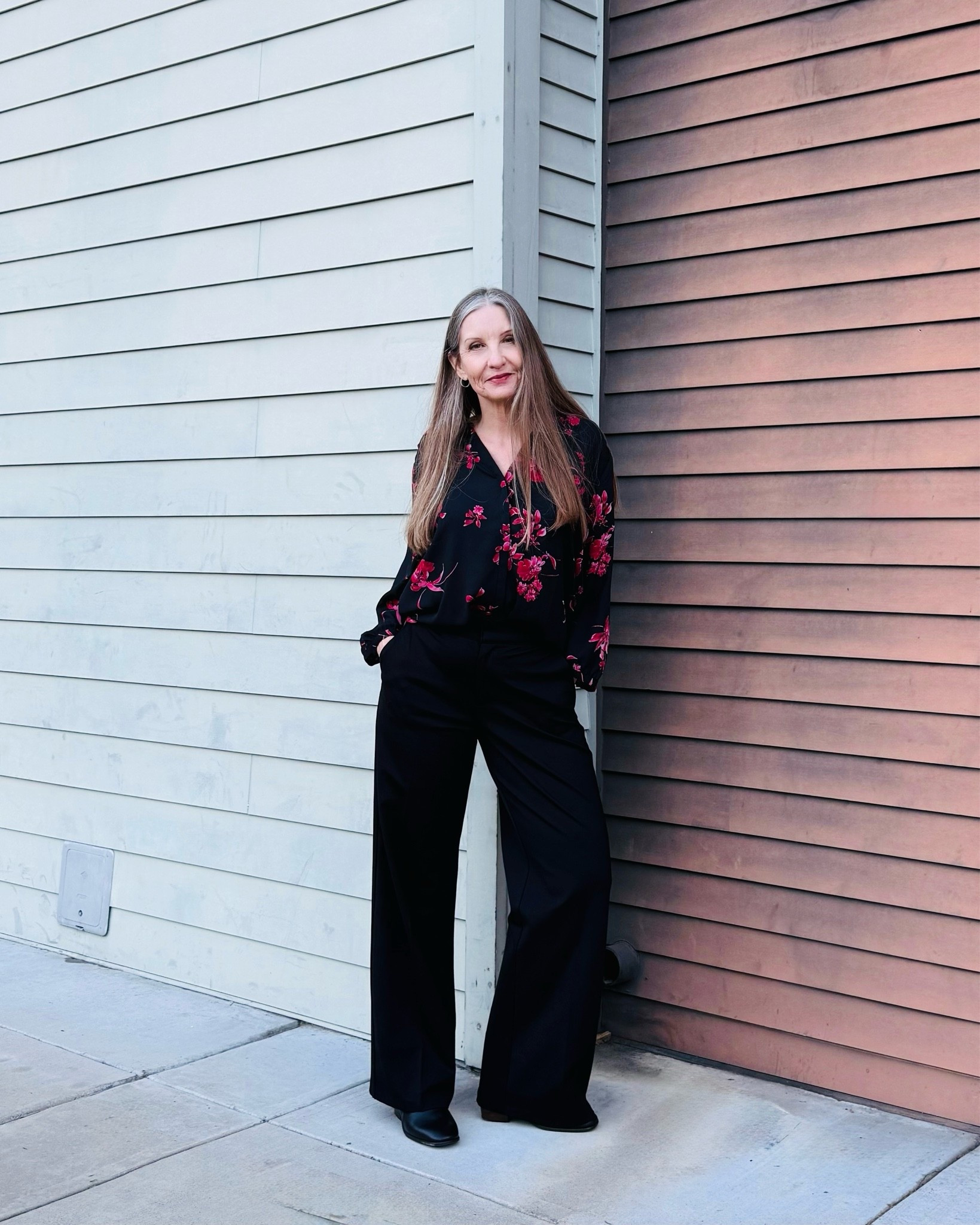 Wear to work, size down in pants, fall floral blouse. style over 50, work wear