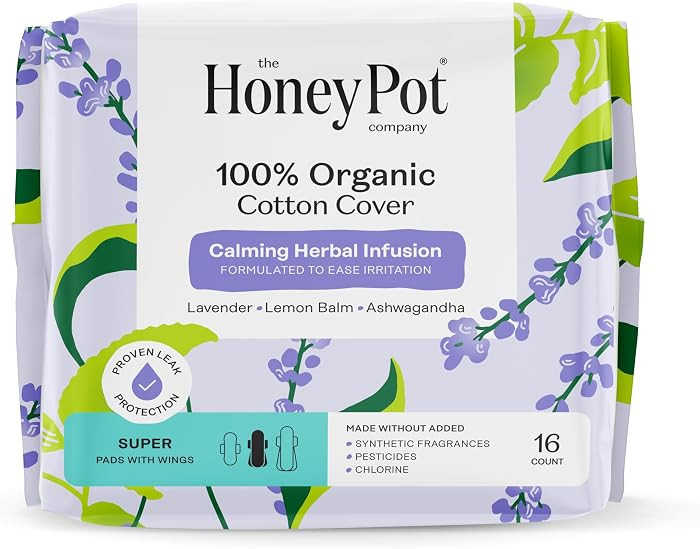 Honey Pot 100% Organic Cotton Cover Calming Herbal Infusion Super Pads, 16 Count | Amazon (US)