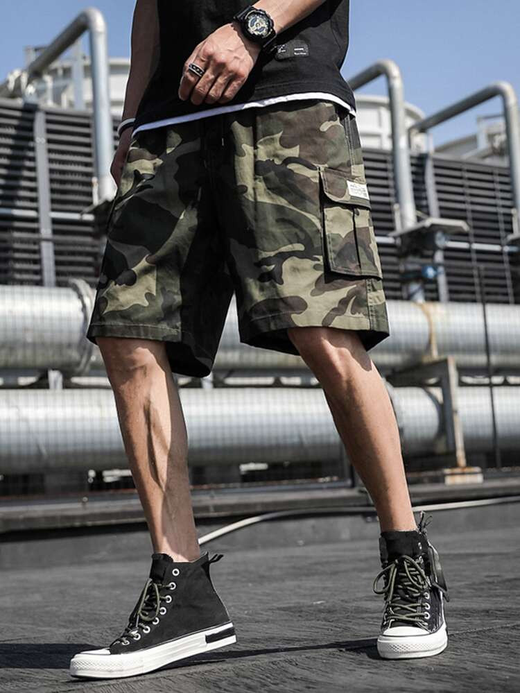 Men Random Camo Print Flap Pocket Drawstring Waist Cargo Shorts | SHEIN