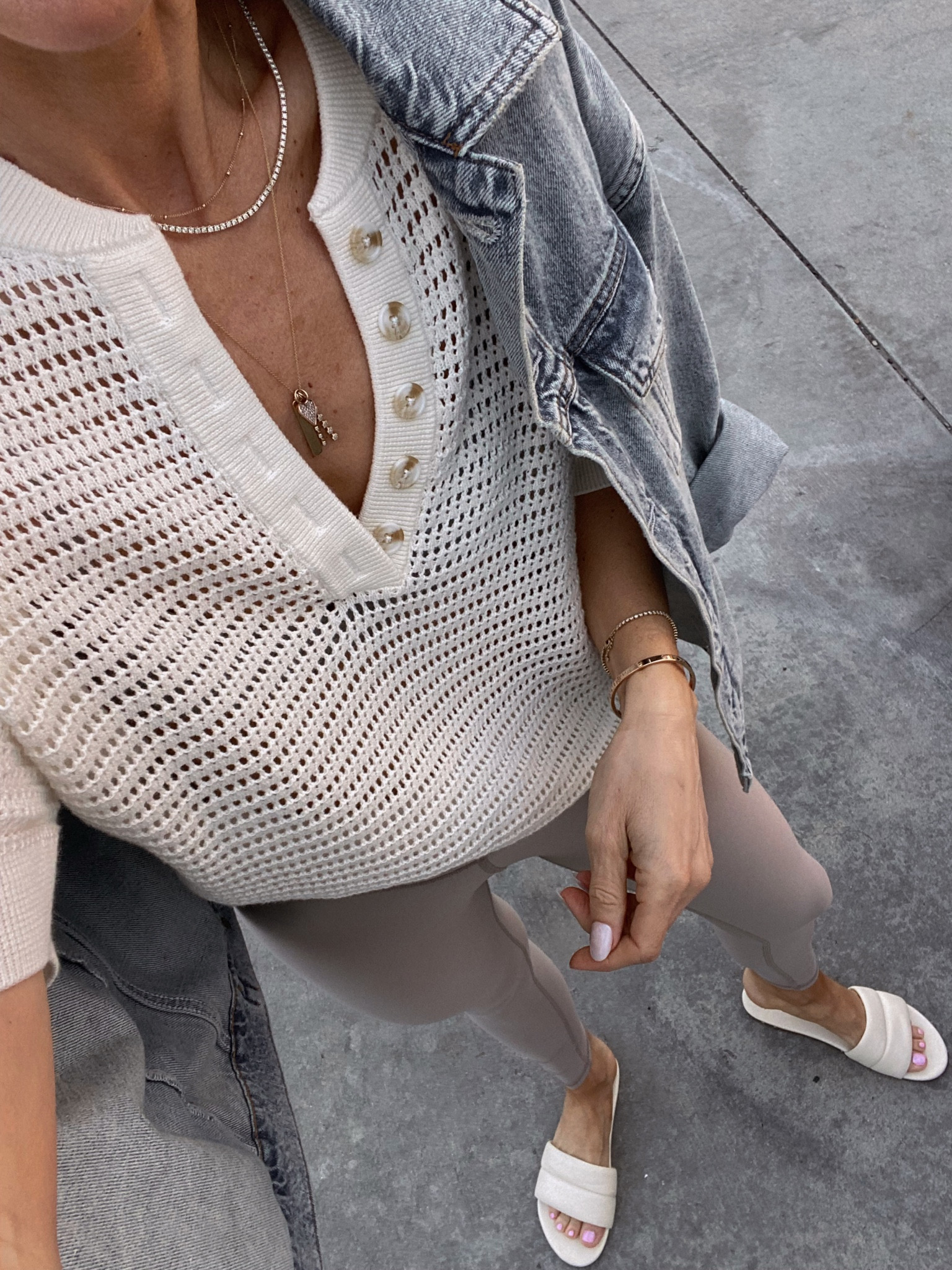 Today’s travel outfit 
Open knit top (Tts) 
Oversized denim jacket 
Tan leggings (color gravel) 

#LTKSeasonal #LTKstyletip #LTKtravel