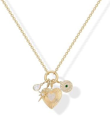 PAVOI 14K Gold Plated Cluster Toggle Pendant Heart Charm Necklace for Women - Chain Heart, Star, ... | Amazon (US)