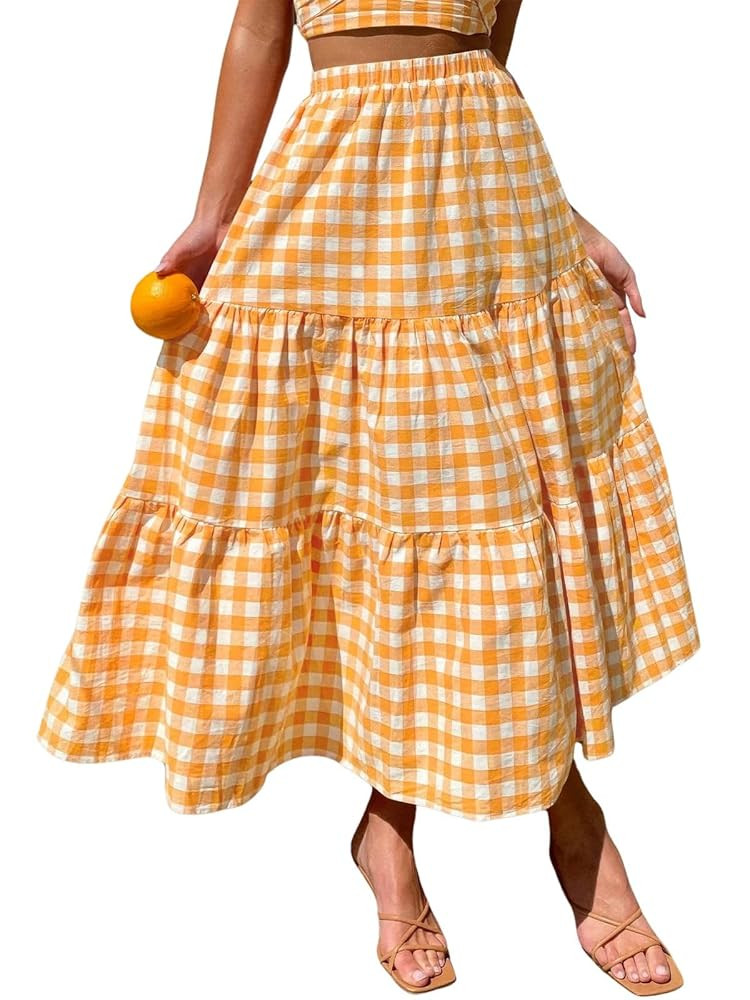 ebossy Women's Candy Color Slim Fit Elastic High Waist Plaid Gingham Tiered Flowy Boho Maxi Skirt... | Amazon (US)