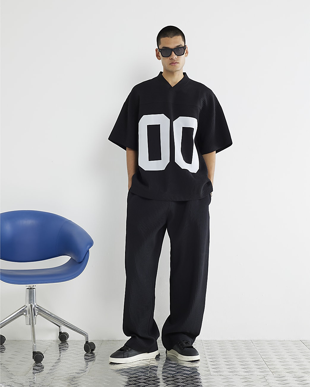 Black Short Sleeve Plisse Football T-Shirt | River Island UK & IE