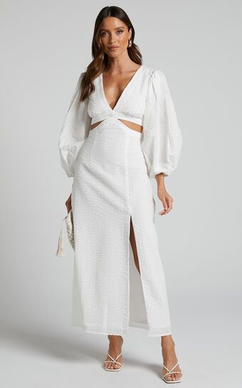 Miggy Midi Dress - Puff Sleeve Cut Out Split Dress in White | Showpo (US, UK & Europe)