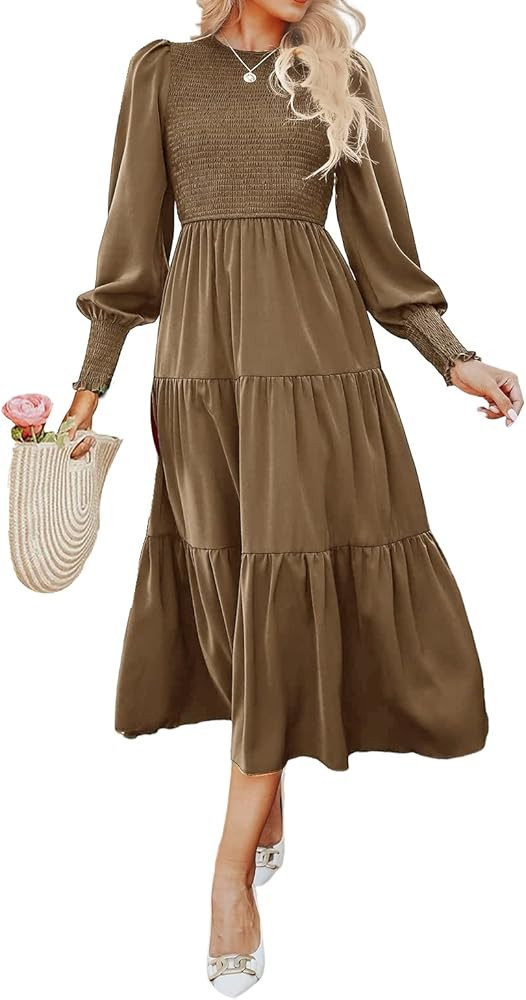 Thinking Dust Women's Casual Long Sleeve Dress Crew Neck Smocked Tiered Flowy Maxi Boho Midi Dres... | Amazon (US)