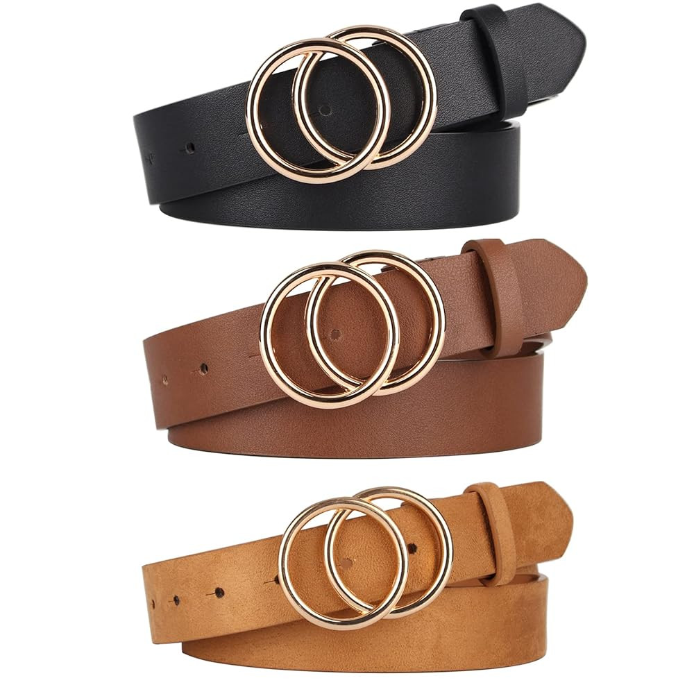 UnFader Pack 2 Women Belts for Jeans with Fashion Double O-Ring Buckle and Faux Leather | Amazon (US)