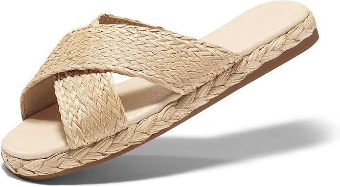 Coutgo Womens Flat Sandals Espadrilles Raffia Open Toe Slides Cross Strap Slip On Summer Dressy B... | Amazon (US)