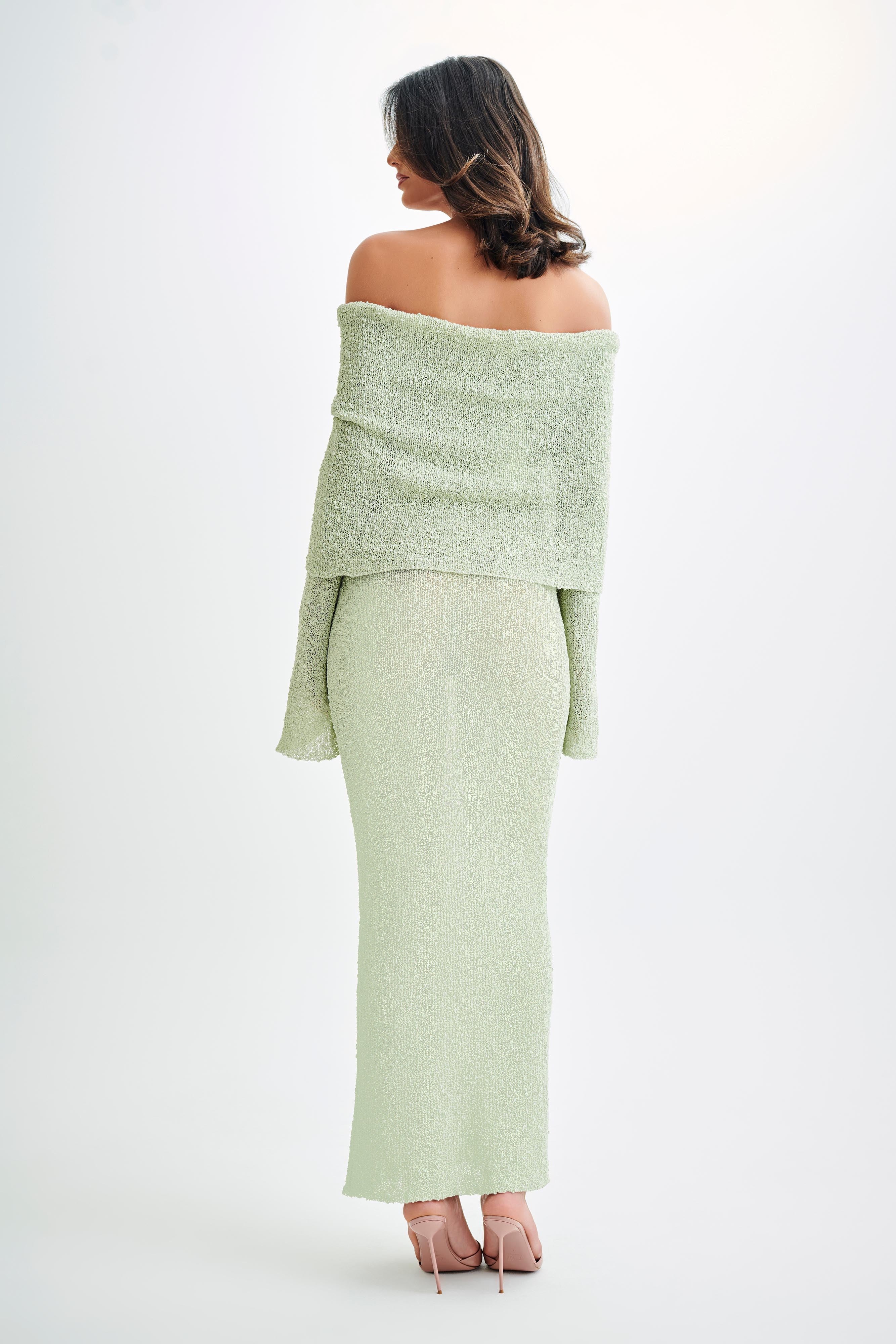 Marisol Off Shoulder Boucle Maxi Dress - Pastel Green | MESHKI US