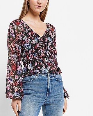 Floral Print V-Neck Smocked Top | Express