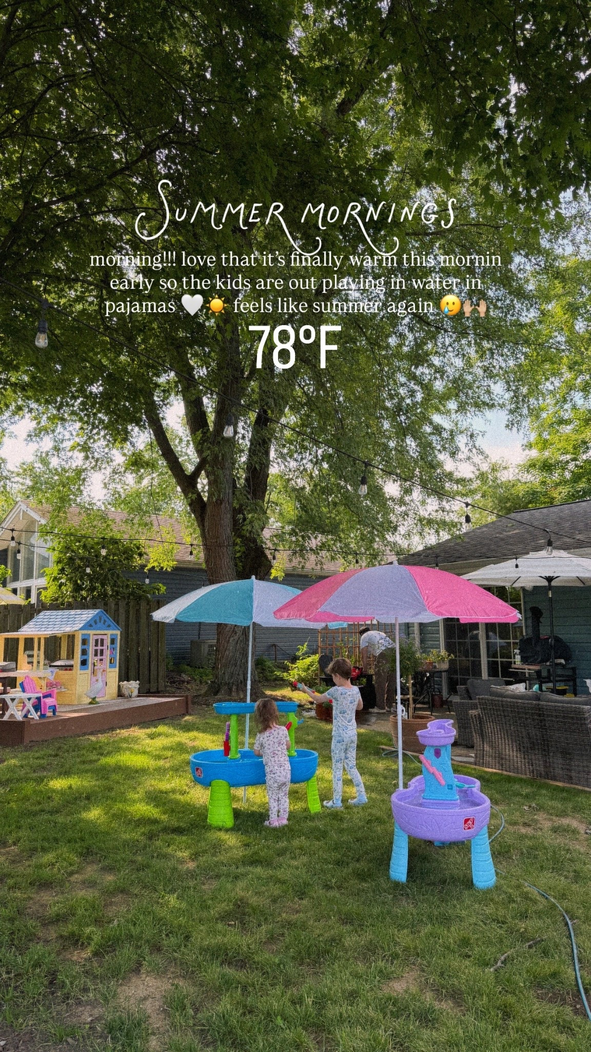 morning!!! love that it’s finally warm this mornin early so the kids are out playing in water in pajamas 🤍☀️ feels like summer again 🥲🙌🏼