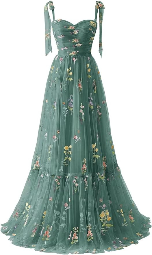 Basgute Women's Flower Embroidery Tulle Prom Dresses Corset Long Spaghetti Strap Fairy Ruched For... | Amazon (US)