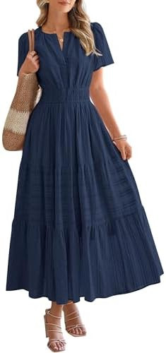 BTFBM Womens Summer 2026 Casual Midi Maxi Dresses Lightweight Short Sleeve V Neck Elastic Waist B... | Amazon (US)