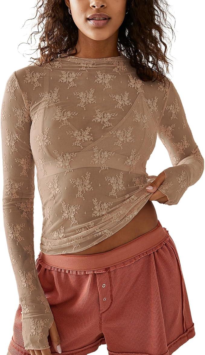 Shiyifa Women's Long Sleeve Mesh Top Sexy Mock Neck Sheer Blouse Floral See Through Layering Lace... | Amazon (US)