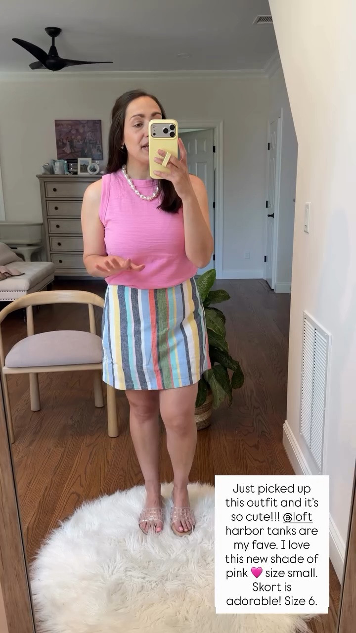 Just picked up this outfit and it’s so cute!!! @loft harbor tanks are my fave. I love this new shade of pink 🩷 size small. Skort is adorable! Size 6.