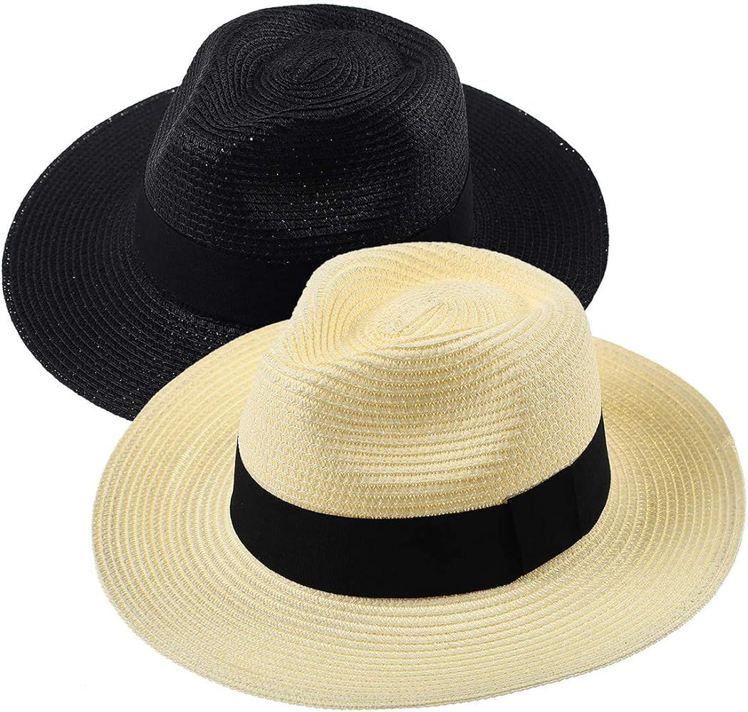 2-Pack Beach Hats for Women Summer Straw Sun Hats Women's Wide Brim Fedora Hat UV Protection Fashion | Amazon (US)