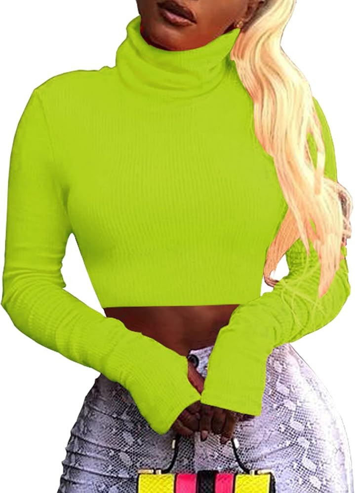 Artfish Women Long Sleeve Turtleneck Crop Tops Neon Ribbed Half Tight Cropped Sweaters Pullovers | Amazon (US)