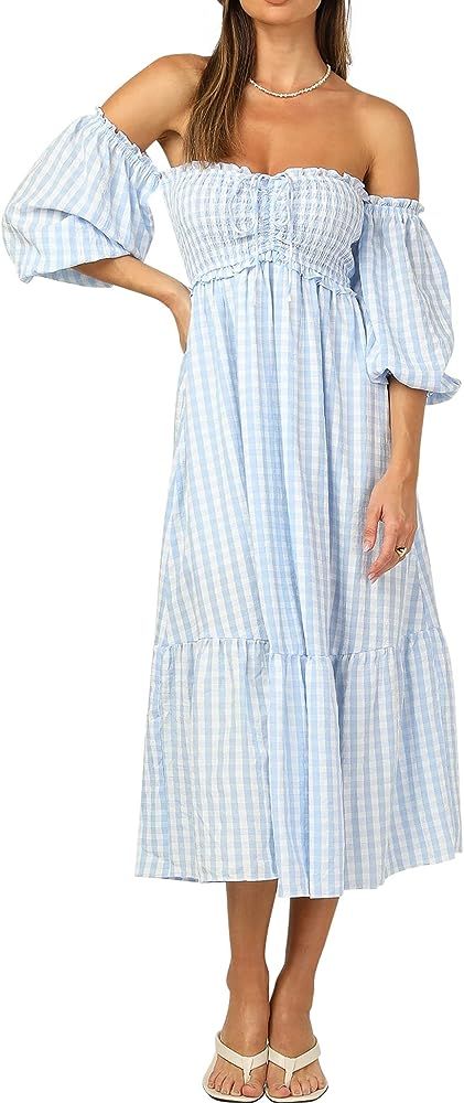 R.Vivimos Summer Dress for Women Cotton Plaid Puff Sleeves Boho Off-Shoulder Casual Ruffled Flowy Mi | Amazon (US)